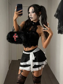 Coolane 女款夏季外出西式休閒度假穿搭 復古肩帶棕色迷你裙 - 黑與白 - 查看 5