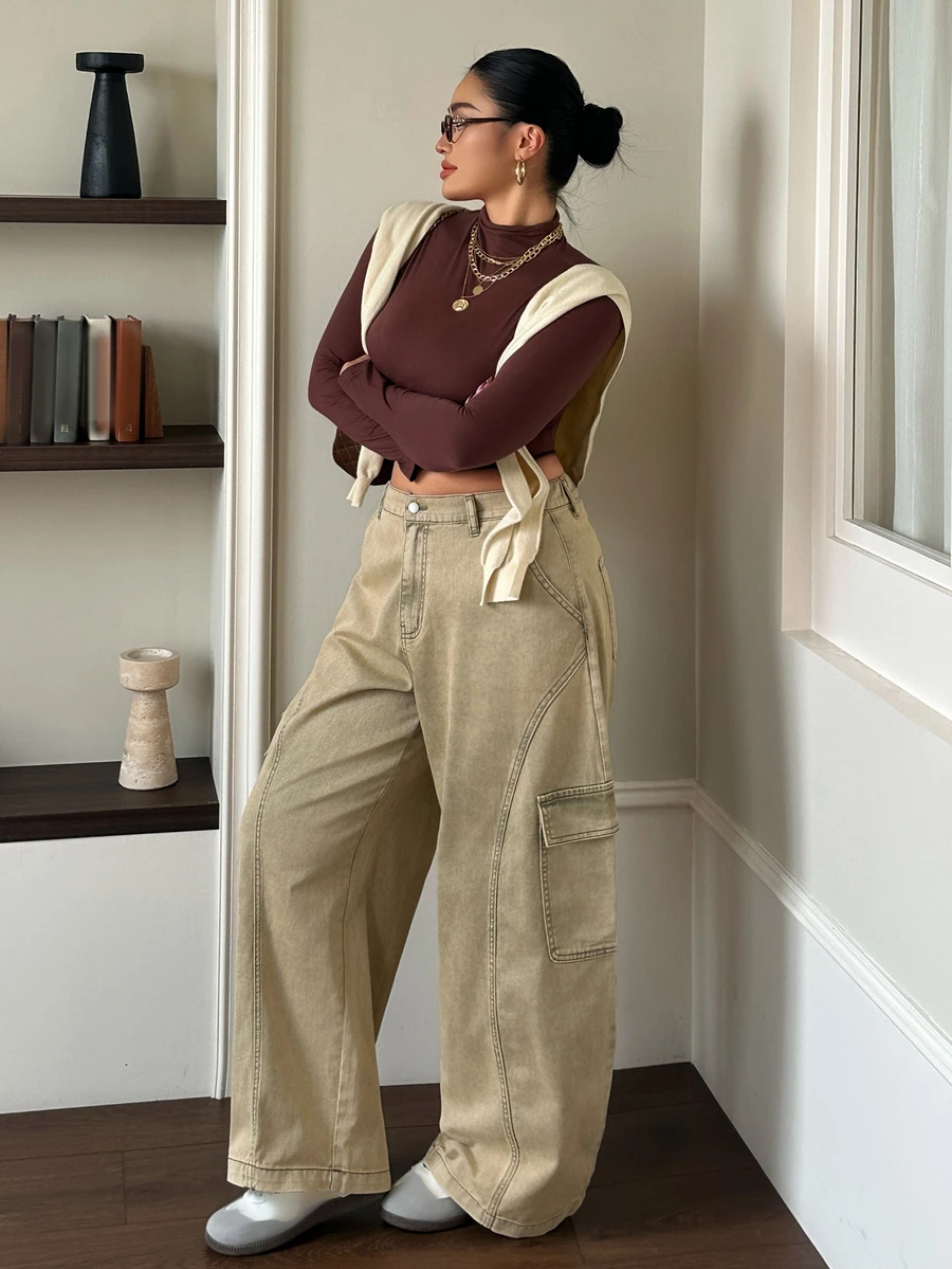 Dazy Plus Vintage Washed Denim Side Pocket Heavy-Duty Curved Leg Jeans, Blogger Casual Streetwear All-Season Style - Khaki - View 1
