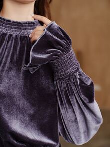 Anewsta Women's New Autumn/Winter Elegant Velvet Fabric Shirred Ruffle Lantern Long Sleeve Romantic Blouse - Purple - View 5