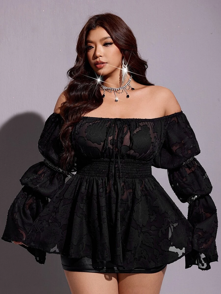 Viva Relle Plus Size Women's Solid Color Off-Shoulder Cinched Waist Tie Front Blouse - Black - View 1