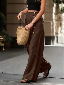 Linhara CURVE Plus Size Women's Brown Button-Front Design Elegant Casual Minimalist Versatile Elastic Waist Loose Wide Leg Pants Fall - Brown - View 3