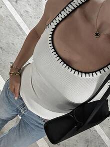 DAZY Black Contrast Color Patchwork Lace Trim Fitted Sleeveless Sweet Sexy Cropped Tank Top For Women - White - View 1