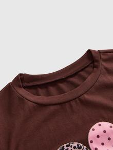 Sweetness Spring Summer Autumn Cute Polka Dot & Four-Leaf Clover Applique Embroidered Women's T-Shirt, Casual Daily Wear, Suitable For School, Graduation Season, Vacation And Other Occasions - Coffee Brown - View 3