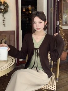 DAZY Women's Autumn/Winter Brown V-Neck Green 2 In 1 Patchwork Ribbed Knit Layered Casual Sweet Vintage Cardigan T-Shirt - Brown - View 7