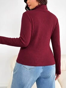 Shapeblank 女款大尺碼紅色高領長袖修身T恤，休閒彈性舒適保暖，適合秋冬日常穿著的多功能上衣 - 紅色 - 查看 3