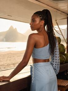 CAJUNI Tropical Chic Laser Cut Blue One Shoulder Blouse - Blue - View 3