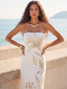 CAJUNI Women's Floral Print Fashion Strapless Vacation Dress White And Gold Summer Elegant Tropical - Beige - View 5