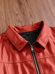 SWAVVY Men's Woven Fashion Casual Young PU Leather Fitted Long Sleeve Jacket - Red - View 5