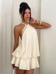 Aloruh 女款優雅淡黃色掛脖綁帶迷你洋裝，適合約會、度假、夏季、畢業典禮、生日洋裝 - 米色 - 查看 5