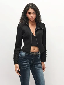 TRNVIE Women's New Long Sleeve Napoleon Style Asymmetric Zipper Design Metal Button Decor Stand Collar Jacket Slim Fit Waist Retro Shoulder Jacket Suitable For Spring Autumn Winter Wear - Black - View 7