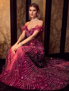 MOTF Soiréza ELEGANT OFF SHOULDER MAXI GOWN WITH BEADED EMBROIDERY PERFECT FOR FORMAL DINNERS,RED CARPET EVENTS - Burgundy - View 4