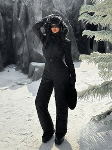 SHEIN EZwear 黑色前拉鍊拼接人造毛皮滑雪連帽休閒連身褲 - 黑色 - 查看 9
