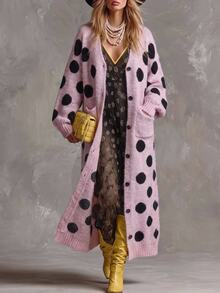 Solivie Women's Autumn/Winter Long Cardigan, Pink & Black Polka Dot Women Fall Winter Sweater Going Out Tops - Pink - View 4