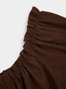 Sweetra Plus Size Women's Coffee Brown Corduroy Collar Cinched Waist Ruffle Tie Cuff Long Sleeve Blouse - Coffee Brown - View 7