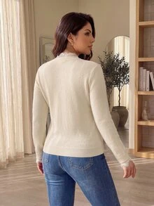 Dripcurv Plus Size Women Solid Color Contrast Lace Long Sleeve Fashion Pullover Sweater Winter - White - View 2
