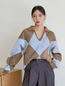 Dazy-Less Women's Diamond Grid Casual Daily Long Sleeve Sweater - Brown - View 1