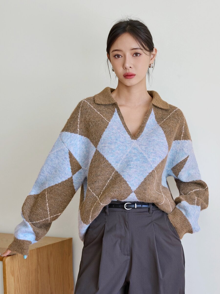 Dazy-Less Women's Diamond Grid Casual Daily Long Sleeve Sweater - Brown - View 1