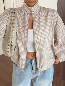 Dazy Plus Blogger Style Plaid Lapel Zip-Up Long Sleeve Loose Short Casual Regular Jacket - Apricot - View 4
