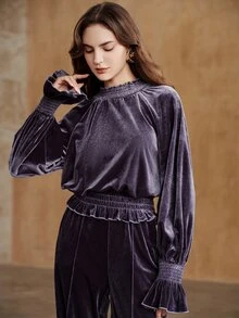 Anewsta Women's New Autumn/Winter Elegant Velvet Fabric Shirred Ruffle Lantern Long Sleeve Romantic Blouse - Purple - View 1