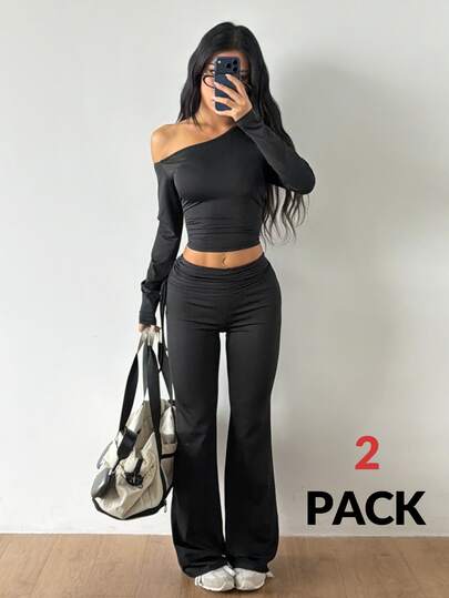 Coolane Women's Fall Going Out Casual Gym Yoga Run Off Shoulder And Petite Bell Bottoms Black Sport 2pcs