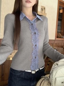 DAZY Women's Blue Grey Lapel Lace Patchwork Elegant French Commute High Tea Date Sweet Cardigan T-Shirt, Fall - Grey - View 7