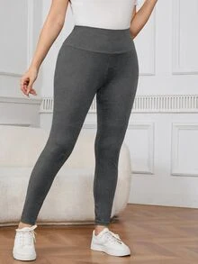 SHEIN LUNE 大尺碼女款休閒極簡純色高腰內搭褲 - 深灰色 - 查看 4