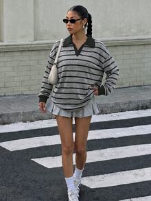Muchica 女款 Polo 領長袖寬鬆厚款運動衫，適合秋冬，深灰色與黑色雙色條紋圖案，經典休閒百搭，學院風返校校園穿搭，社團服飾，青春休閒風格，低調耐穿百搭單品，街頭時尚穿搭，咖啡廳慵懶氛圍 - 彩色 - 查看 5
