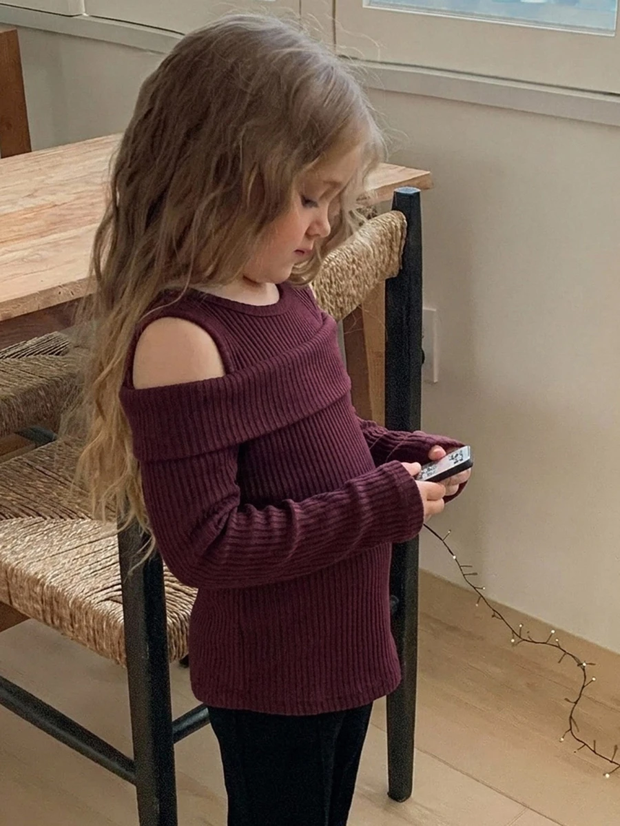 DAZY Young Girl) Cold Shoulder Design Round Neck Pullover Ribbed Long Sleeve Autumn T-Shirt - Burgundy - View 1