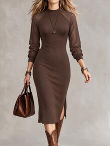 SHEIN Đầm len dệt gân ôm sát xẻ tà bên cho nữ, phong cách thanh lịch quyến rũ, mặc lớp trong mùa Thu/Đông - Cà phê nâu - Xem 3