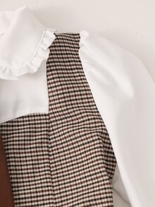 SHEIN 青少年女孩秋季套裝 2件/組 粉色與白色格紋領拼接學院風可愛開襟衫，泡泡袖 - 彩色 - 查看 7