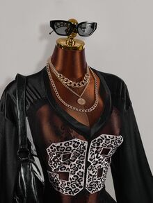 Amplova Lace Fitted Bodycon Fully Sheer Digital Sports Sexy #98 Number Leopard Print Satin Lace Patchwork Women's Top - Black - View 5