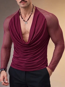ZURIURI Men's Mesh Patchwork Cowl Neck Casual Sexy Rave Versatile Daily Wear T-Shirt Party Club Black Autumn - Burgundy - View 7
