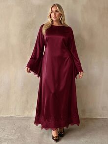 Auralis 大尺碼優雅緞面蕾絲拼接晚宴雞尾酒婚禮賓客洋裝 棕色 秋冬款 - 酒紅色 - 查看 7
