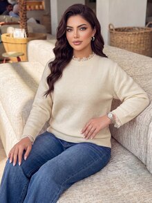 Dripcurv Plus Size Women Solid Color Contrast Lace Long Sleeve Fashion Pullover Sweater Winter - White - View 5