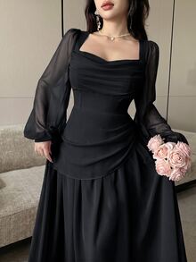 Modelyn 披肩領泡泡長袖收腰不對稱百褶雪紡大裙擺洋裝，婚禮新娘單身派對適用，淡粉色，秋季浪漫優雅 - 黑色 - 查看 8