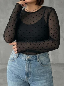 Dazy Plus Plus Size Women Polka Dot Casual Sheer Long Sleeve Top - Black - View 4