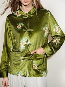 Aveloria Modichic 女款直筒天鵝絨立領盤扣雙口袋優雅綠色花卉印花中式上衣 國慶穿搭優雅女裝上衣 - 紫色 - 查看 3