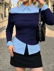 Selenza Women's Fashionable New Spring/Autumn Romantic Elegant Black Off-Shoulder Striped Patchwork Shirt, 2 In 1 Design, Suitable For Daily Commute, Date, Outing, Vacation And Various Occasions, Fashionable Item - Blue - View 4