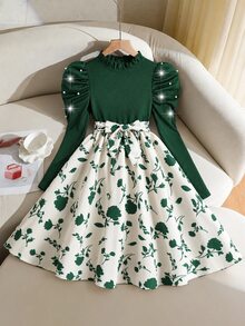 SHEIN 少女珍珠花瓣袖花卉印花A字洋裝 - 彩色 - 查看 4