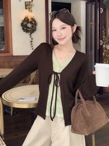 DAZY Women's Autumn/Winter Brown V-Neck Green 2 In 1 Patchwork Ribbed Knit Layered Casual Sweet Vintage Cardigan T-Shirt - Brown - View 2