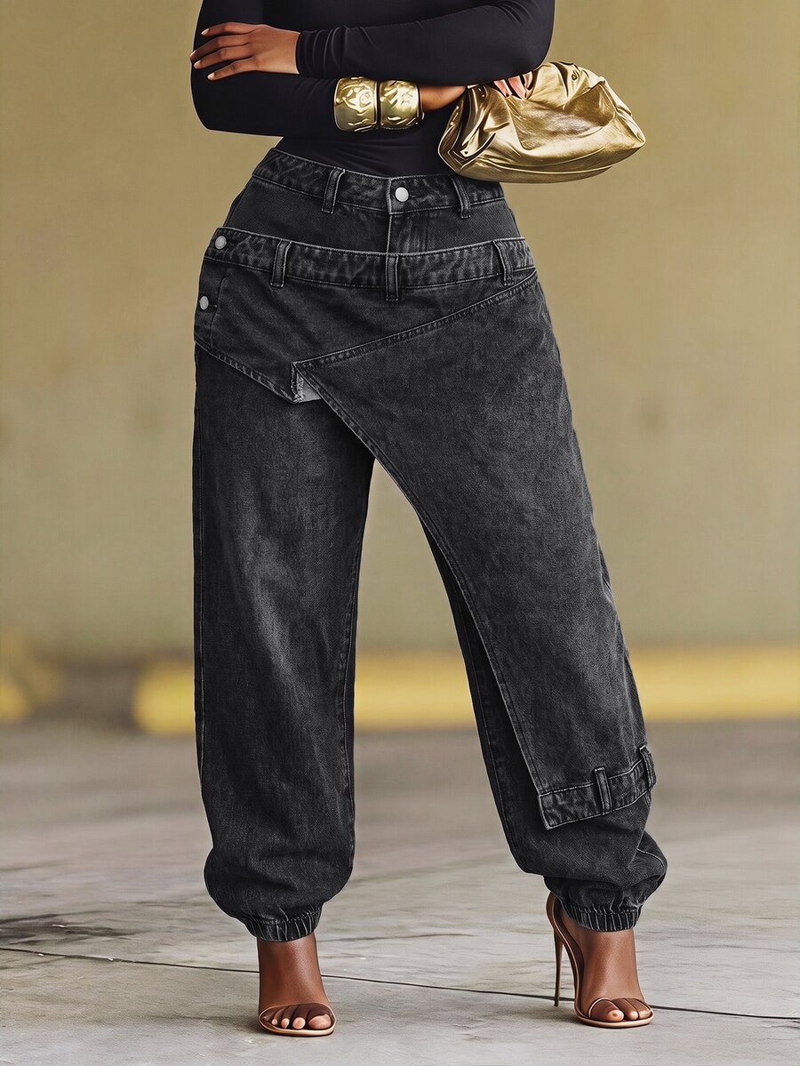 BamGleam Women's Asymmetric Deconstructed Design Casual Tapered Jeans - Black - View 1