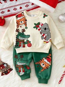 Infant Round Neck Long Sleeve Long Pants Casual Comfortable Set, Classic Christmas Pattern Print, Classic Cute Tiger Pattern Print, Christmas Sloth Pattern Print, Classic Christmas Crocodile Pattern Print, Suitable For Christmas, Suitable For Autumn/Winter - Multicolor - View 2