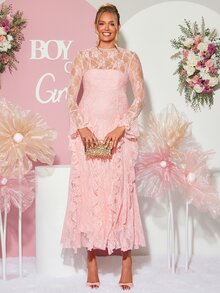 Loomaby 孕婦圓領喇叭袖拼接荷葉邊優雅蕾絲洋裝 性別揭曉禮服 孕婦洋裝 嬰兒派對洋裝 秋季 - 粉色 - 查看 2