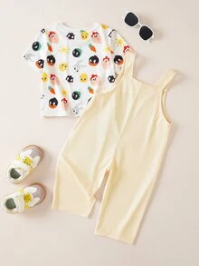 LOONEY TUNES X SHEIN Baby Boy Cartoon Print Short Sleeve T-Shirt And Romper Set - Apricot - View 2