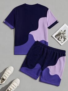 Sorvial Men's Letter Print Short Sleeve T-Shirt And Drawstring Waist Shorts Casual Set - Purple - View 3