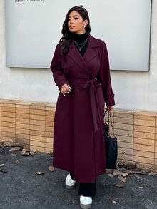 Easura 大尺碼女款純色翻領長袖雙排扣長款風衣 秋季 - 紫紅色 - 查看 4