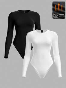 SHEIN BASICS Women's Minimalist Solid Color Long Sleeve Bodysuit 2 Pieces Set - Black and White - View 2