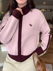 DAZY Women's Unicorn Embroidered Contrast Color Dropped Shoulder Long Sleeve Zipper Front Knit Cardigan - Pink - View 4