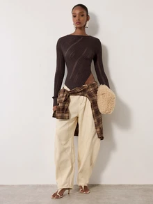 MERLEAU Women's Modern Distressed Design Brown Knit Top, Asymmetrical Hemline - Brown - View 5