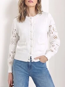 Dayvera Cardigan Rajut Wanita Model Patchwork Berongga Lengan Panjang Kancing Tunggal - Putih - View 3